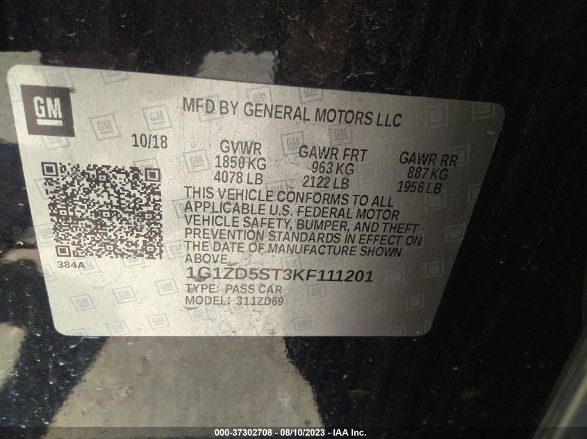 2019 CHEVROLET MALIBU LT - 1G1ZD5ST3KF111201