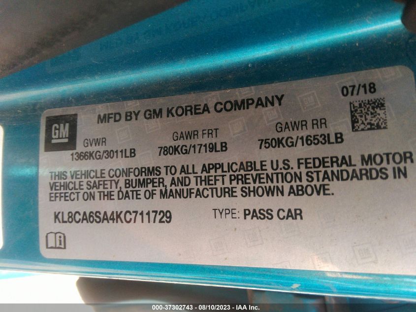 VIN KL8CA6SA4KC711729 2019 CHEVROLET SPARK LS