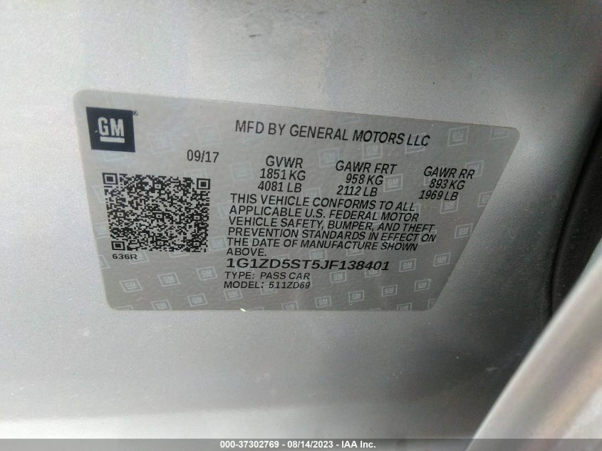2018 CHEVROLET MALIBU LT - 1G1ZD5ST5JF138401