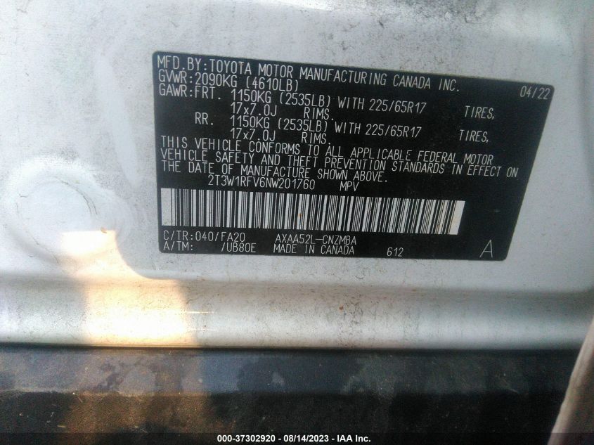 2022 TOYOTA RAV4 XLE - 2T3W1RFV6NW201760