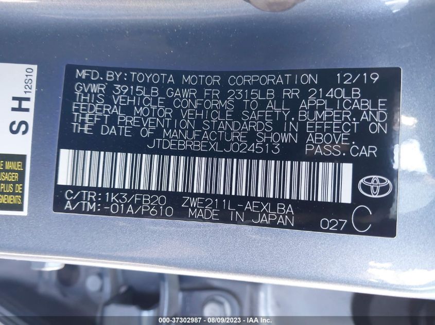 2020 TOYOTA COROLLA HYBRID LE - JTDEBRBEXLJ024513