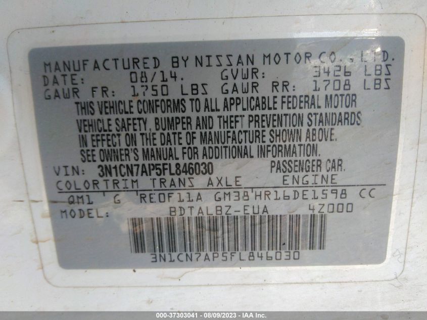 2015 NISSAN VERSA SV - 3N1CN7AP5FL846030