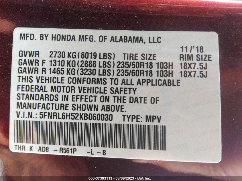 2019 HONDA ODYSSEY EX - 5FNRL6H52KB060030