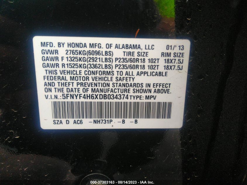 2013 HONDA PILOT EX-L - 5FNYF4H6XDB034374