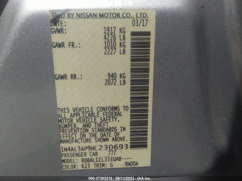 2017 NISSAN ALTIMA 2.5/S/SV/SL/SR - 1N4AL3AP9HC230693