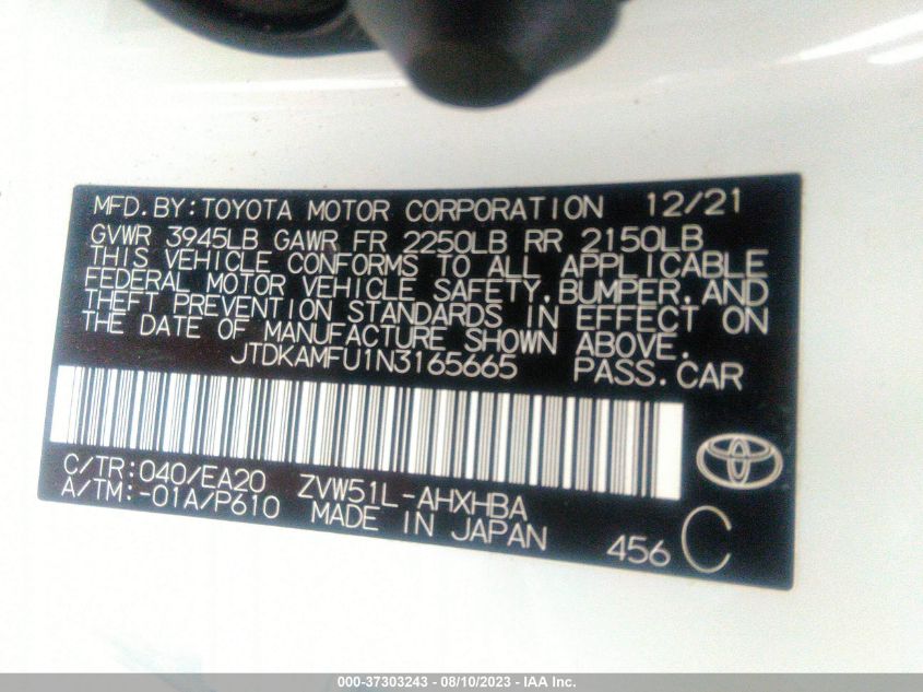 2022 TOYOTA PRIUS L - JTDKAMFU1N3165665