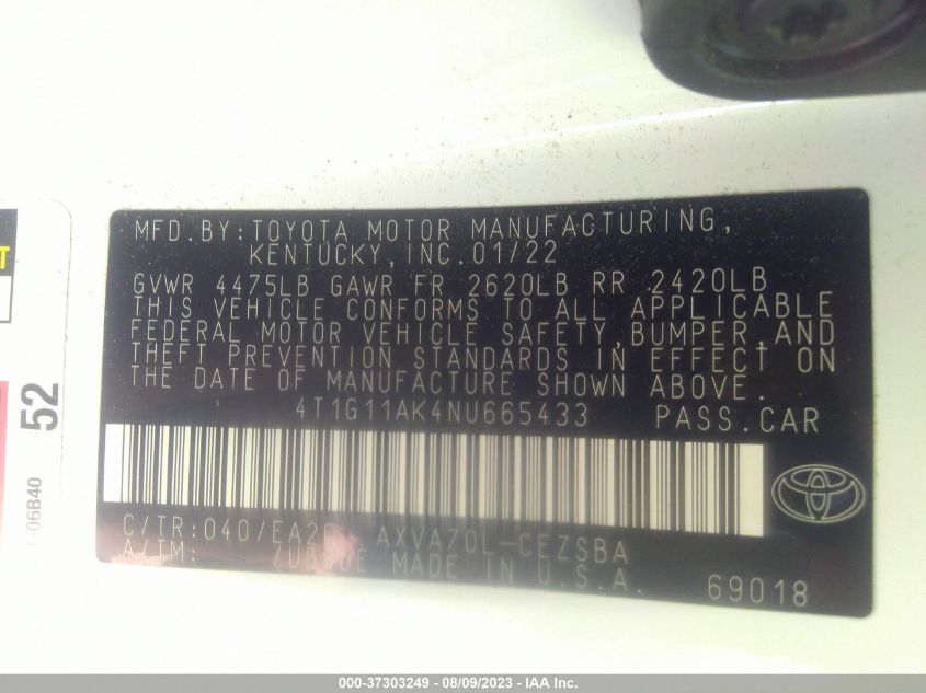 2022 TOYOTA CAMRY SE - 4T1G11AK4NU665433