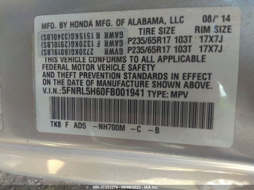 2015 HONDA ODYSSEY EX-L - 5FNRL5H60FB001941