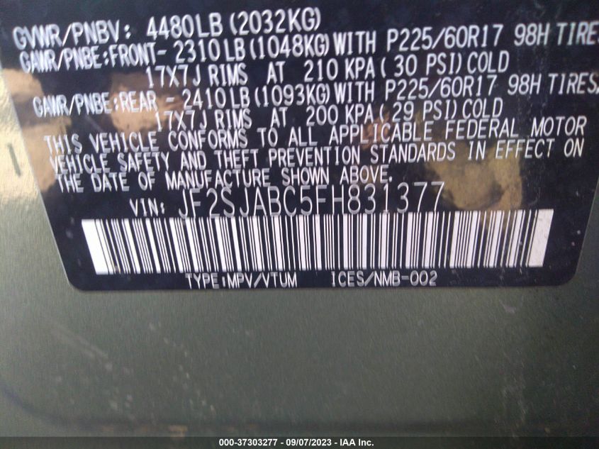 2015 SUBARU FORESTER 2.5I - JF2SJABC5FH831377