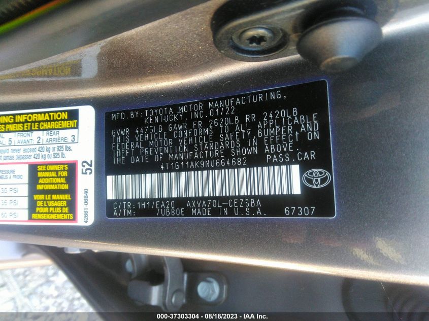 2022 TOYOTA CAMRY SE - 4T1G11AK9NU664682