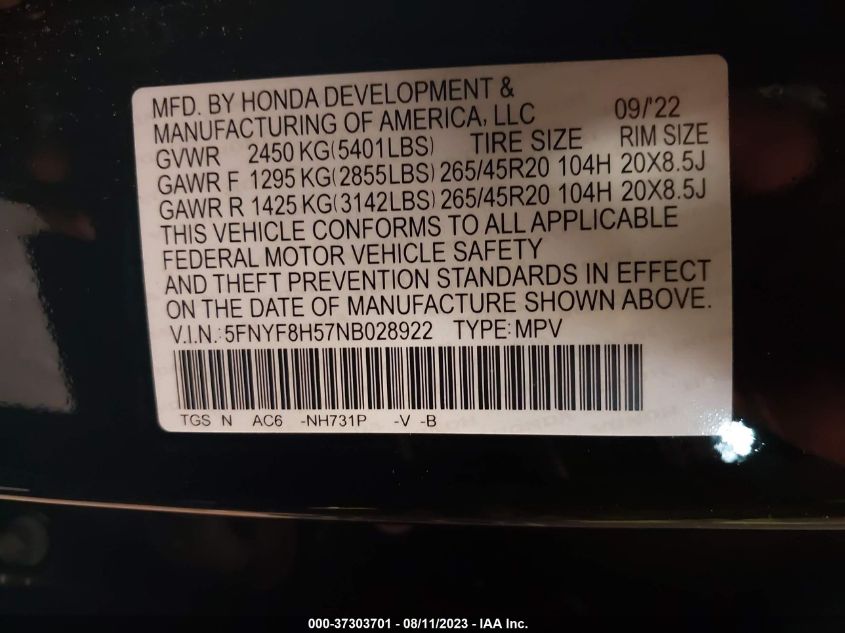2022 HONDA PASSPORT EX-L - 5FNYF8H57NB028922