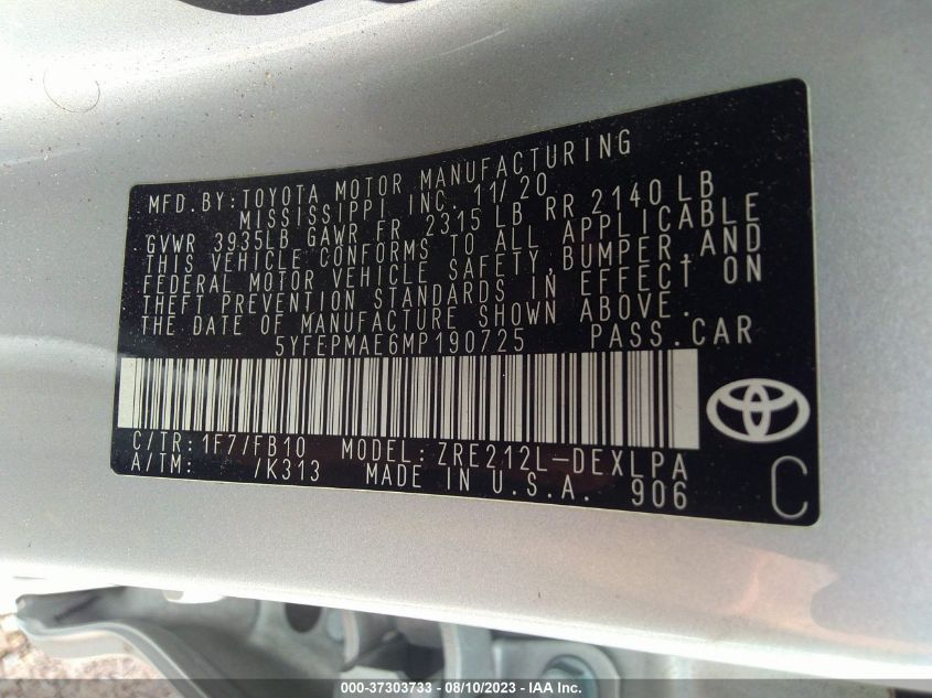 2021 TOYOTA COROLLA LE - 5YFEPMAE6MP190725