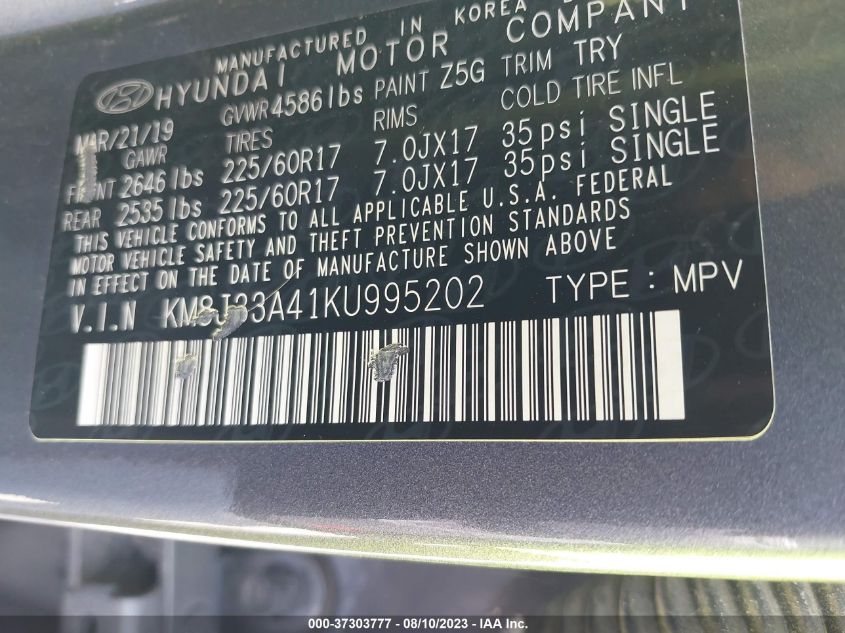 2019 HYUNDAI TUCSON VALUE - KM8J33A41KU995202