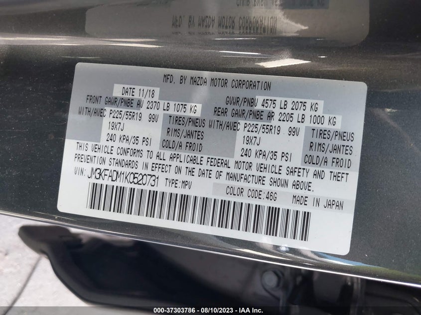 VIN JM3KFADM1K0520731 2019 MAZDA CX-5 GRAND TOURING