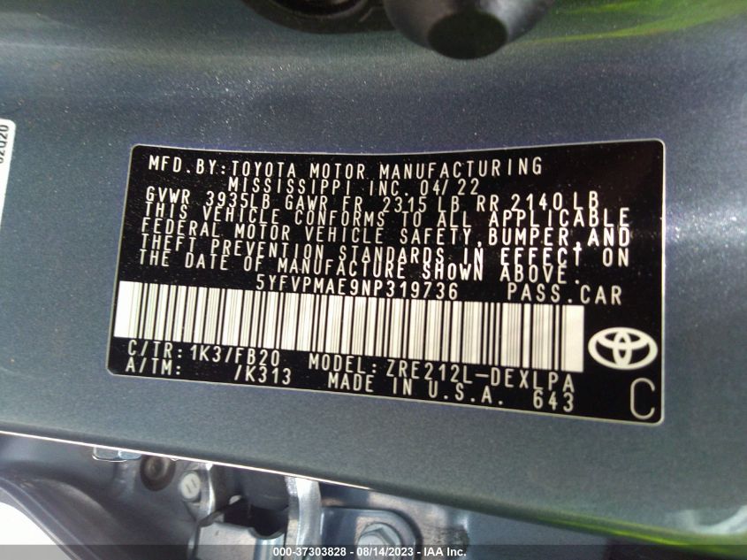 2022 TOYOTA COROLLA LE - 5YFVPMAE9NP319736