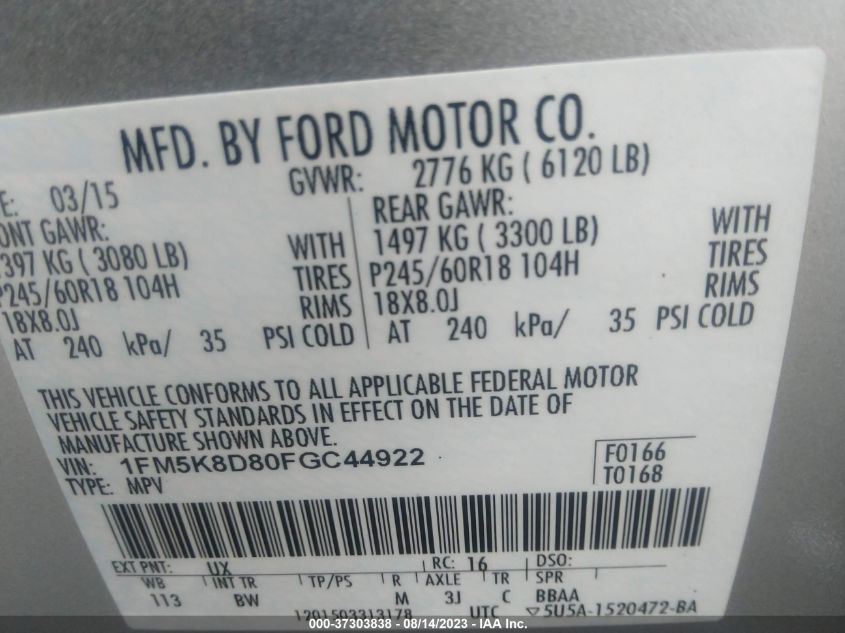 2015 FORD EXPLORER XLT - 1FM5K8D80FGC44922