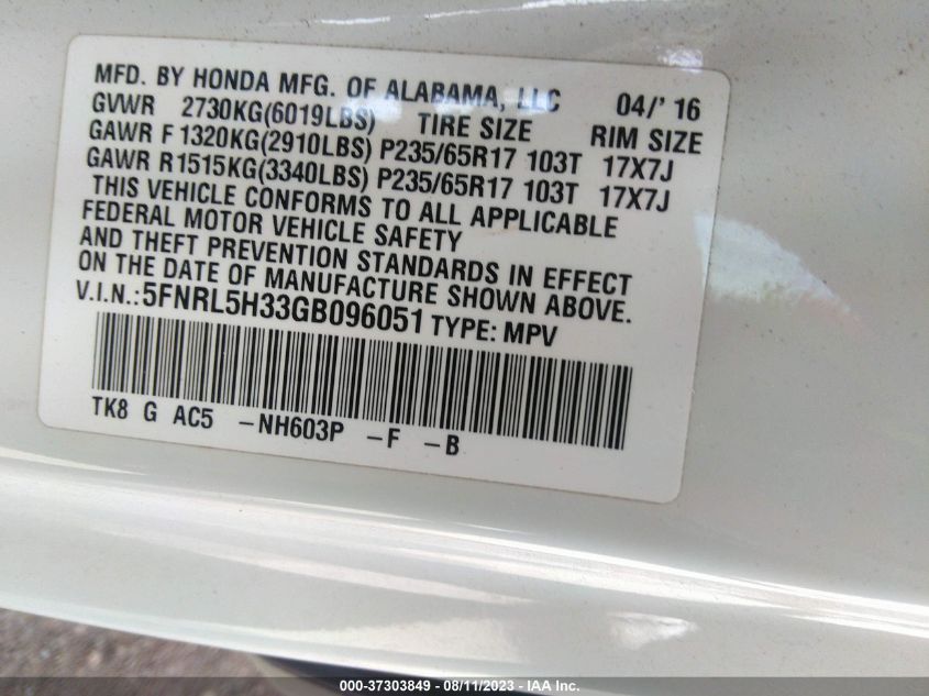 2016 HONDA ODYSSEY SE - 5FNRL5H33GB096051