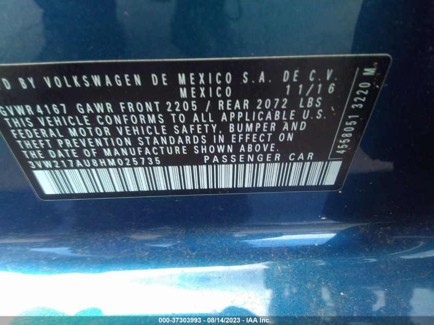 2017 VOLKSWAGEN GOLF S - 3VW217AU8HM025735