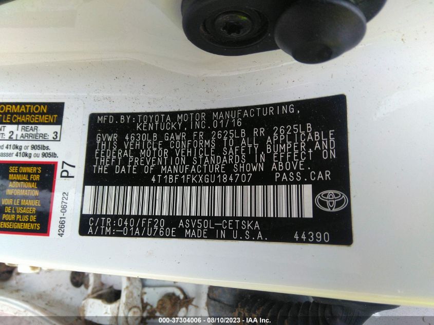 2016 TOYOTA CAMRY XLE/SE/LE/XSE - 4T1BF1FKXGU184707