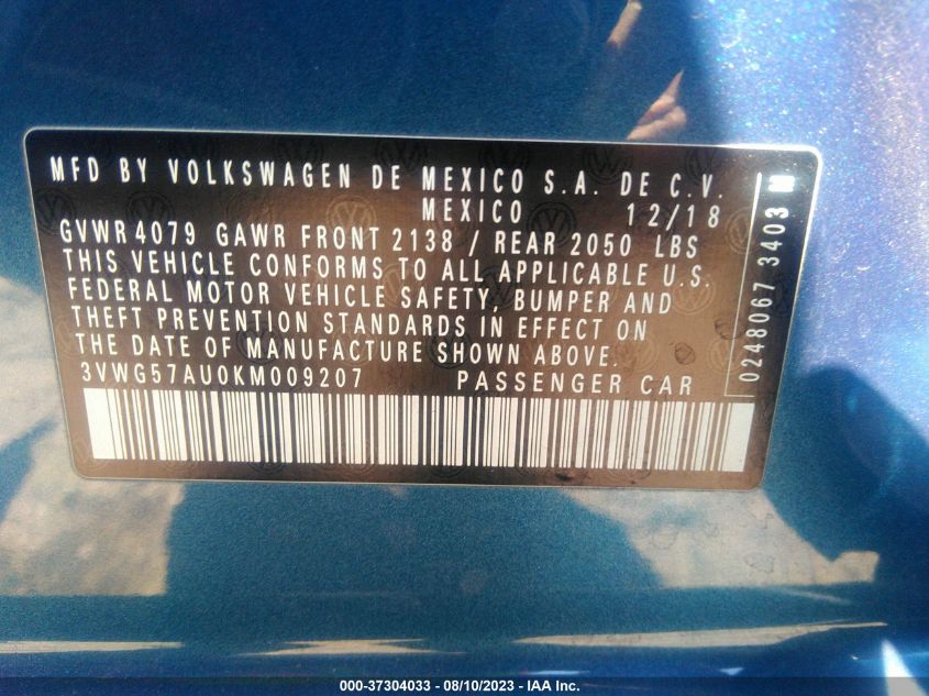 2019 VOLKSWAGEN GOLF S/SE - 3VWG57AU0KM009207