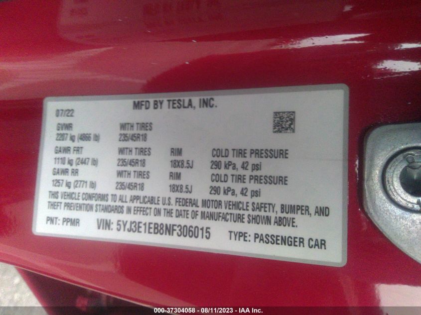 2022 TESLA MODEL 3 LONG RANGE - 5YJ3E1EB8NF306015