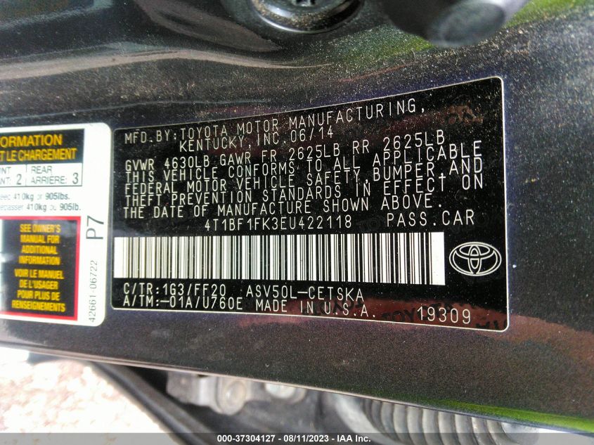 2014 TOYOTA CAMRY L/LE/XLE/SE/SE SPORT - 4T1BF1FK3EU422118