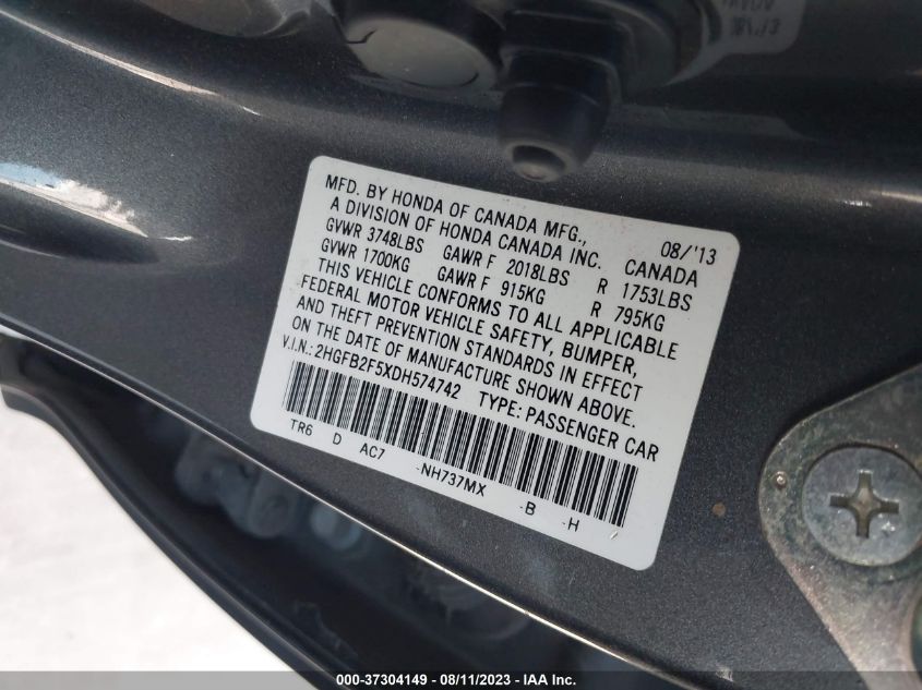 2013 HONDA CIVIC SDN LX - 2HGFB2F5XDH574742