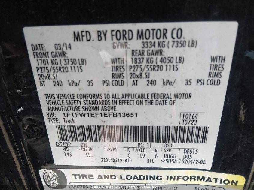 2014 FORD F-150 XL/XLT/STX/FX4/LARIAT - 1FTFW1EF1EFB13651