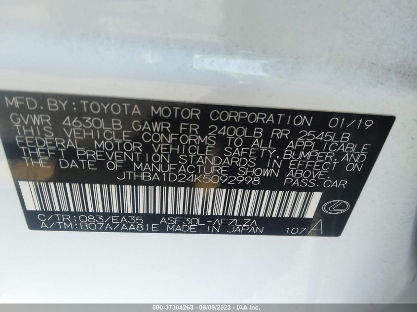 2019 LEXUS IS IS 300 - JTHBA1D24K5092998