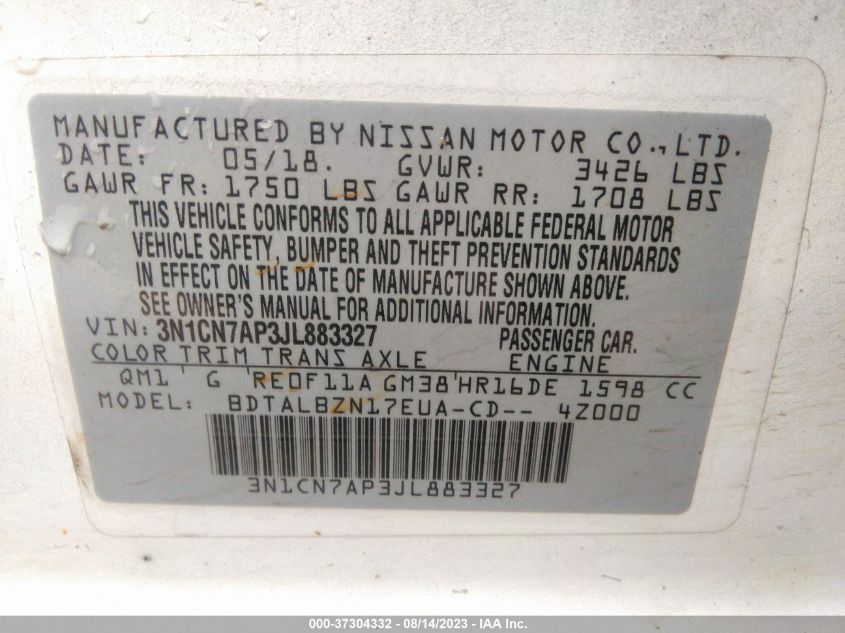 2018 NISSAN VERSA SEDAN SV - 3N1CN7AP3JL883327