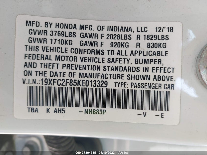 VIN 19XFC2F85KE013329 2019 HONDA CIVIC SEDAN SPORT