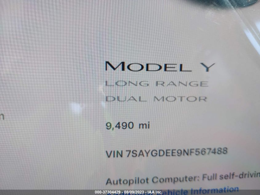 2022 TESLA MODEL Y LONG RANGE - 7SAYGDEE9NF567488