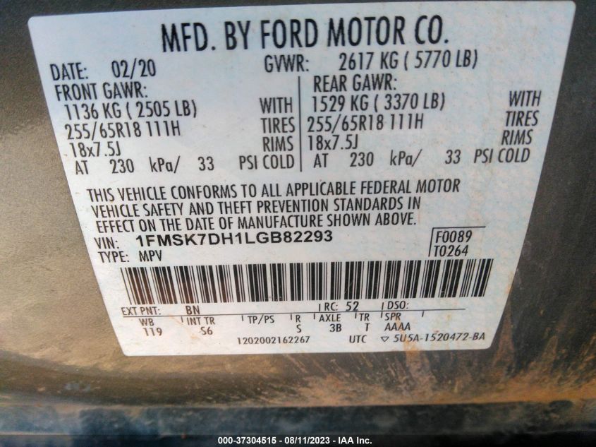 2020 FORD EXPLORER XLT - 1FMSK7DH1LGB82293