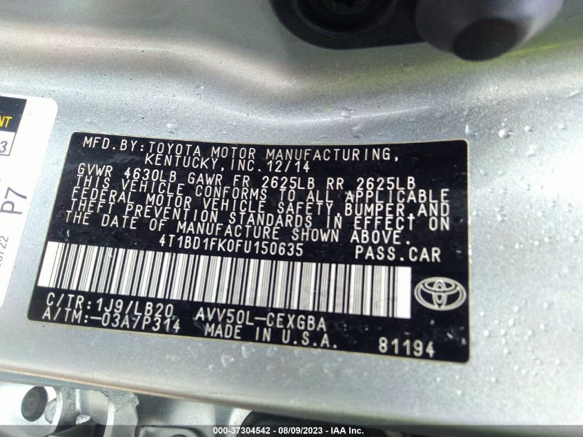 2015 TOYOTA CAMRY HYBRID LE - 4T1BD1FK0FU150635