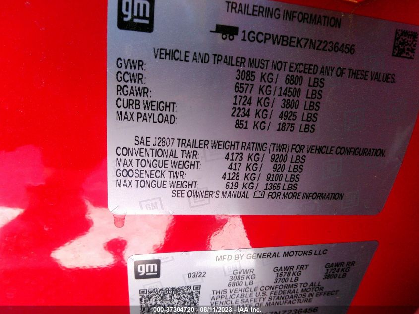 2022 CHEVROLET SILVERADO 1500 LTD CUSTOM 1GCPWBEK7NZ236456