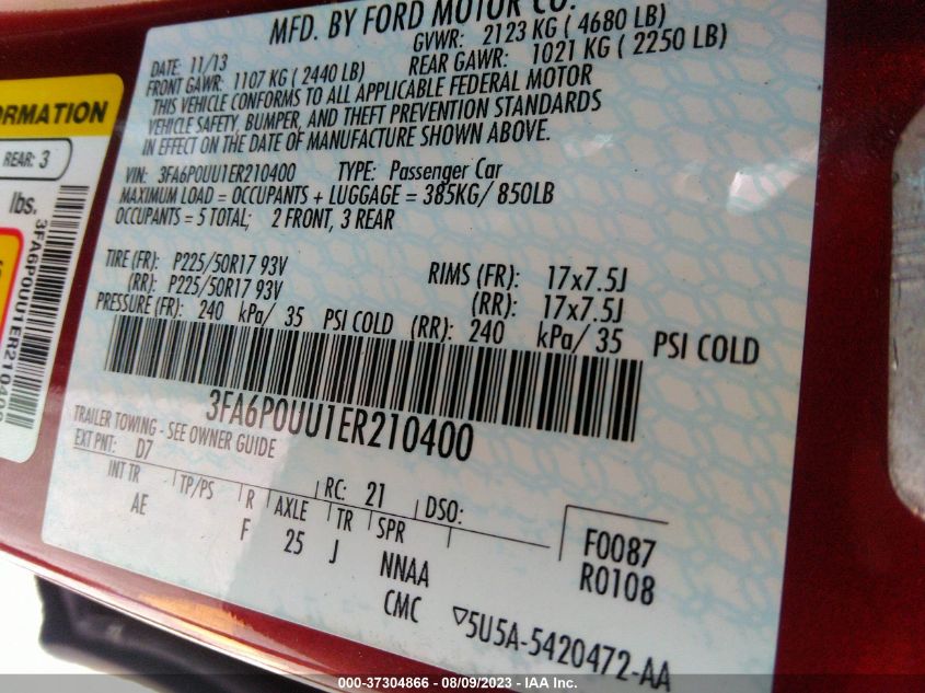 2014 FORD FUSION S HYBRID - 3FA6P0UU1ER210400