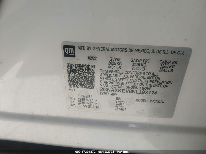 2022 CHEVROLET EQUINOX LT - 3GNAXKEV8NL193774