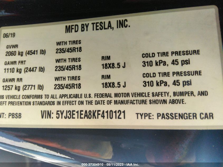2019 TESLA MODEL 3 - 5YJ3E1EA8KF410121