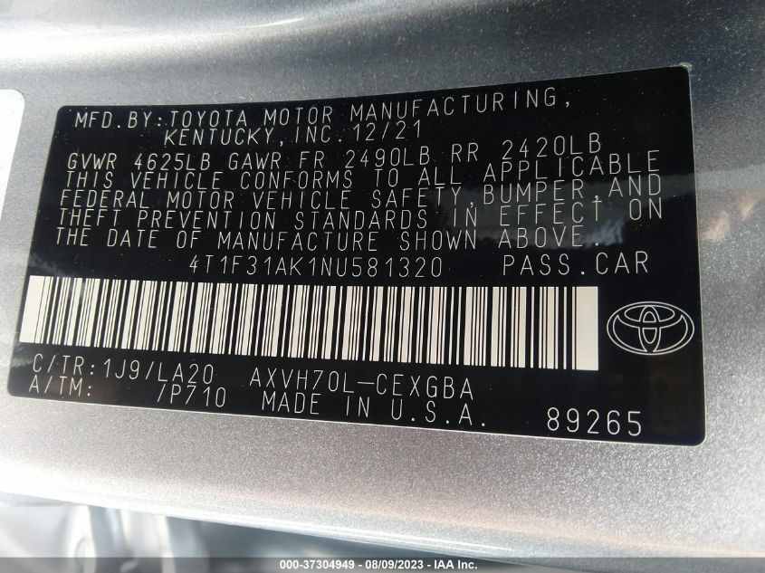 4T1F31AK1NU581320 Toyota Camry HYBRID XLE 9