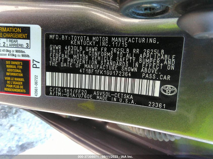 2016 TOYOTA CAMRY XLE/SE/LE/XSE - 4T1BF1FK1GU172364