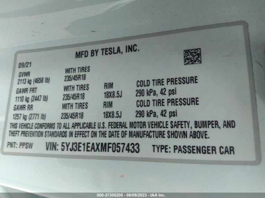 2021 TESLA MODEL 3 STANDARD RANGE PLUS - 5YJ3E1EAXMF057433