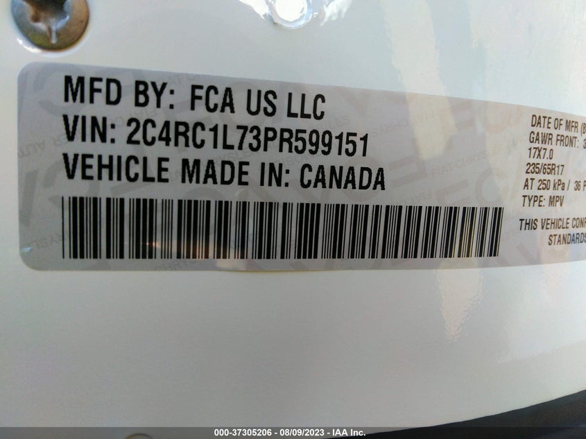 VIN 2C4RC1L73PR599151 2023 CHRYSLER PACIFICA