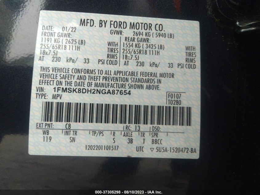 2022 FORD EXPLORER XLT - 1FMSK8DH2NGA87654
