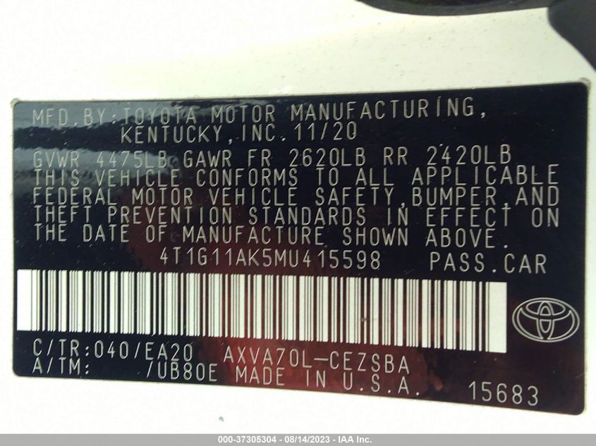 2021 TOYOTA CAMRY SE - 4T1G11AK5MU415598