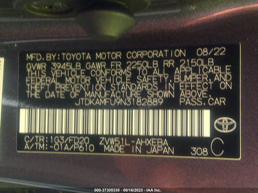 2022 TOYOTA PRIUS L - JTDKAMFU9N3182889