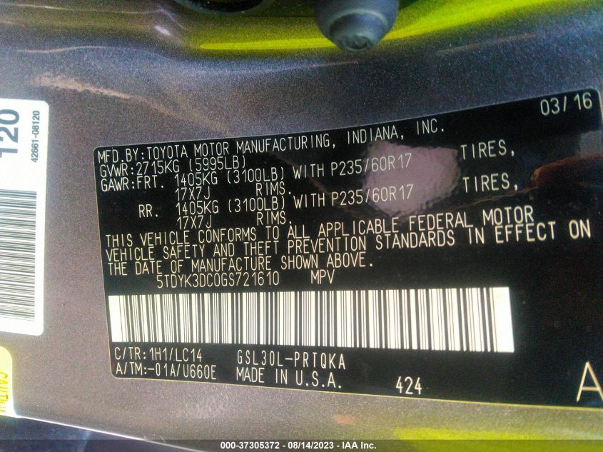 2016 TOYOTA SIENNA XLE/XLE AAS/LTD - 5TDYK3DC0GS721610