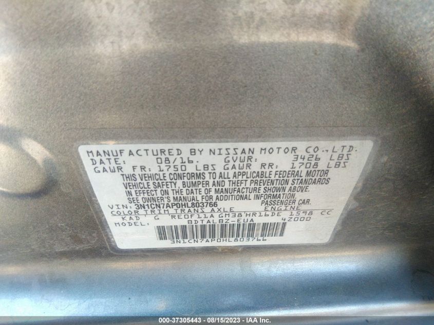 2017 NISSAN VERSA SEDAN SV - 3N1CN7AP0HL803766