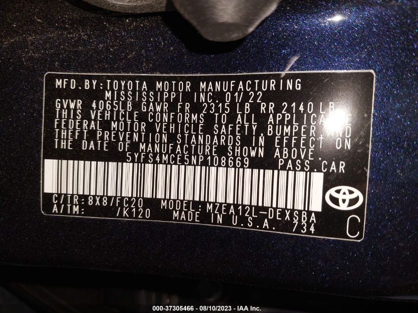 VIN 5YFS4MCE5NP108669 2022 TOYOTA COROLLA SE/NIGHT SHADE