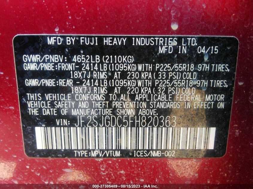 2015 SUBARU FORESTER 2.0XT PREMIUM - JF2SJGDC5FH820363