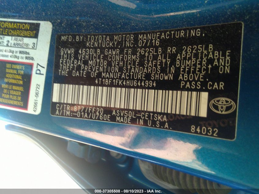 2017 TOYOTA CAMRY XLE/SE/LE/XSE - 4T1BF1FK4HU644994